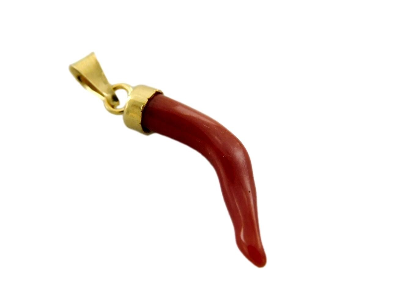 Pendant of Italy in Gold 18k 750 and Red Coral HorN gemstone cornicello Italian