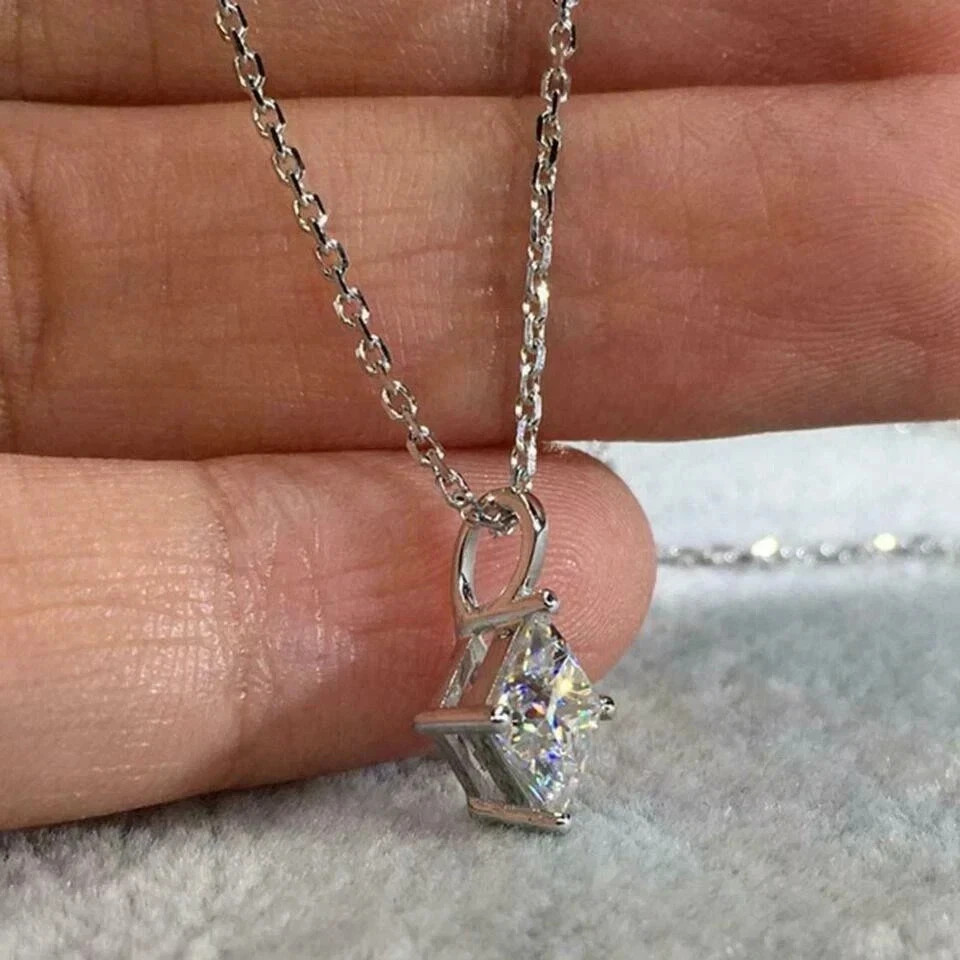 2Ct Princess Cut Lab Created Diamond Solitaire Pendant 14K White Gold Plated 18″