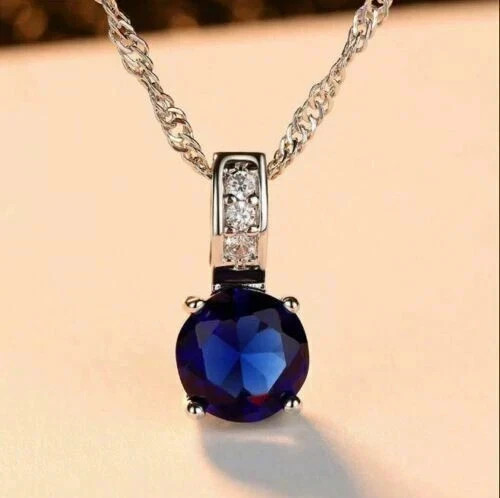 2Ct Round Cut Lab-Created Sapphire Solitaire Pendant 14K White Gold Finish