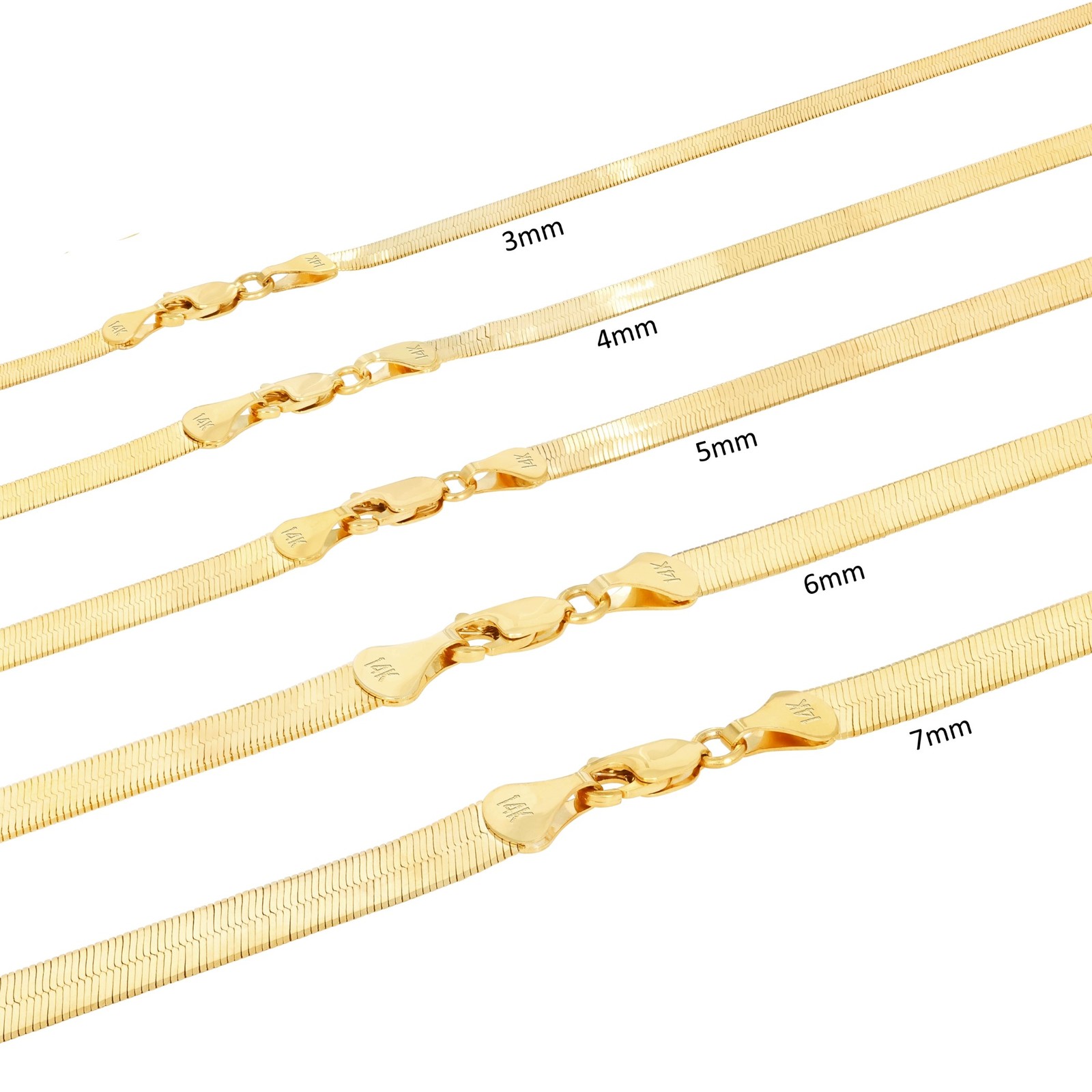 14K Yellow Gold Solid 3mm-9mm Flat Herringbone Chain Necklace Women Men 14″- 24″