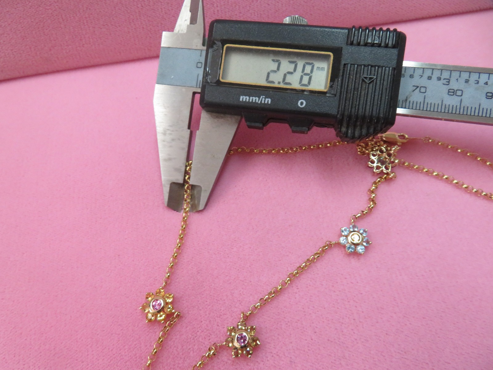 18″ 14k Solid Yellow Gold Rolo chain Multi Color Gemstone Necklace 6.08 G (#402)