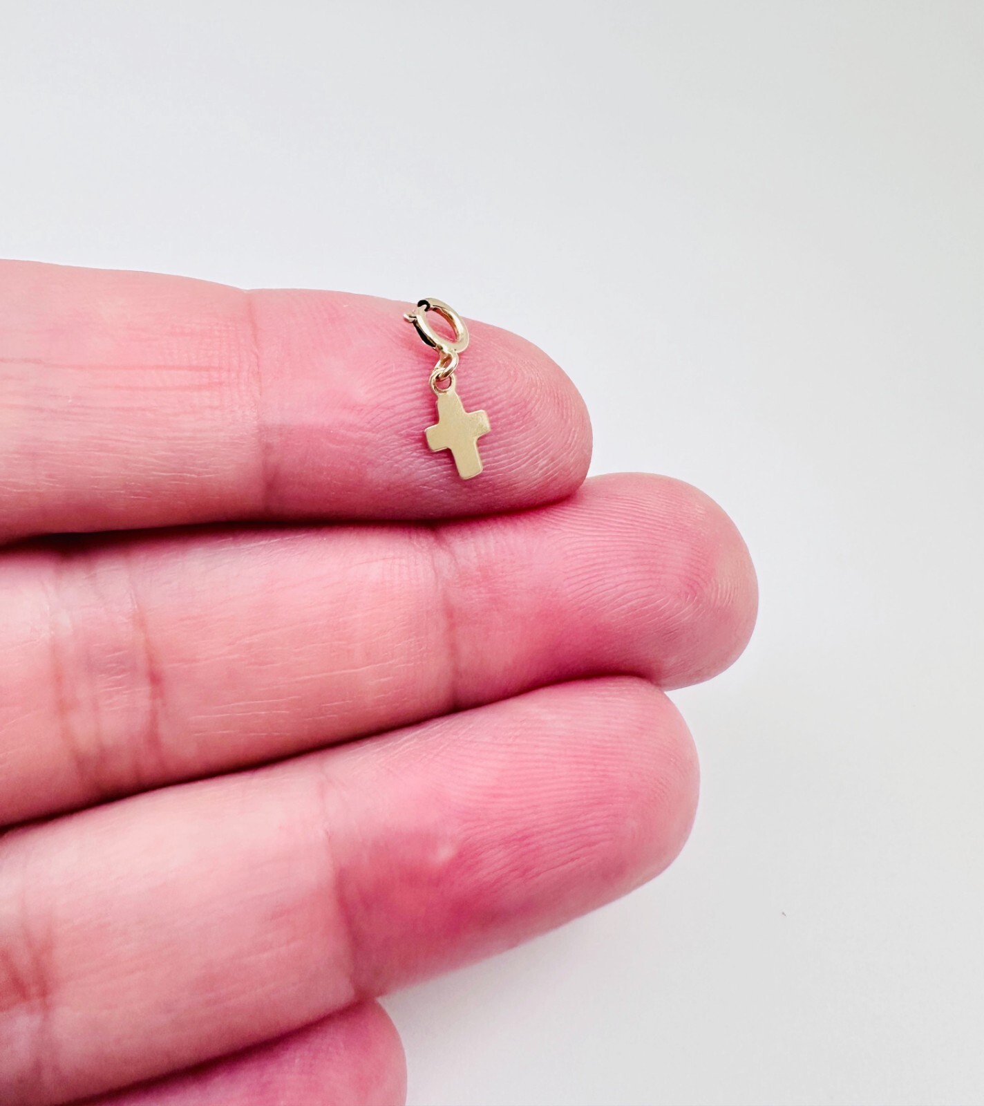 14K Solid Yellow Gold Teeny Tiny Cross Charm Pendant w/Spring Clasp