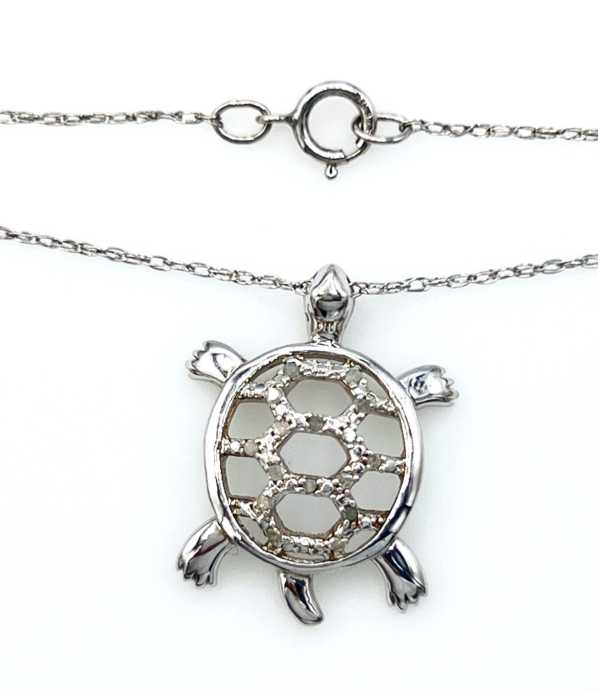 Vintage Signed NC 925 Sterling Silver Diamond Sea Turtle Pendant Necklace