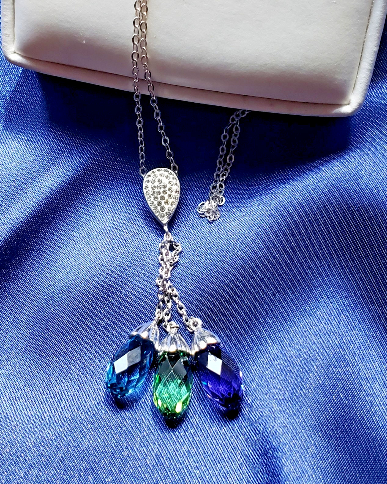 Crystal Briolette Tri-Gemstone Drop Necklace Silver Rhodium Multi-Color