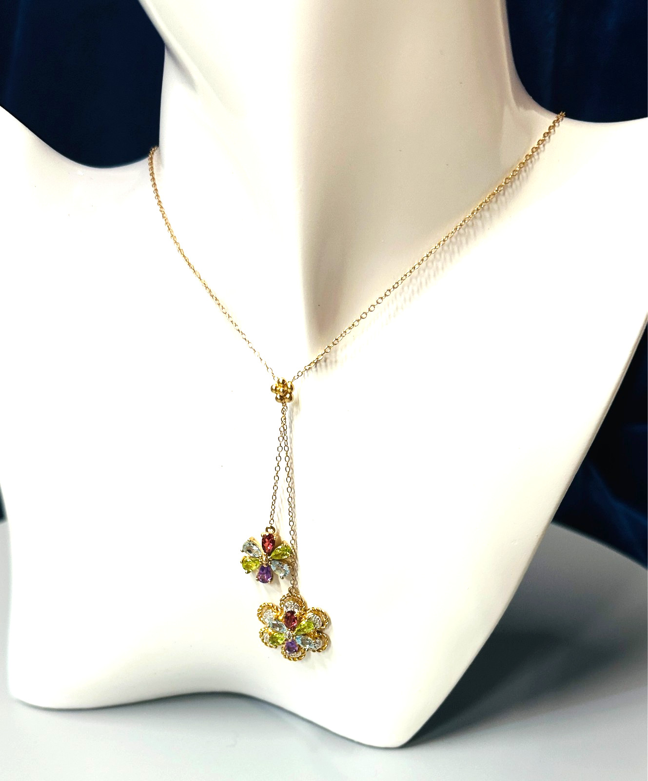 Dual Drop Necklace 18K Gold over Sterling Silver Gemstones – SEE VIDEO -New (110