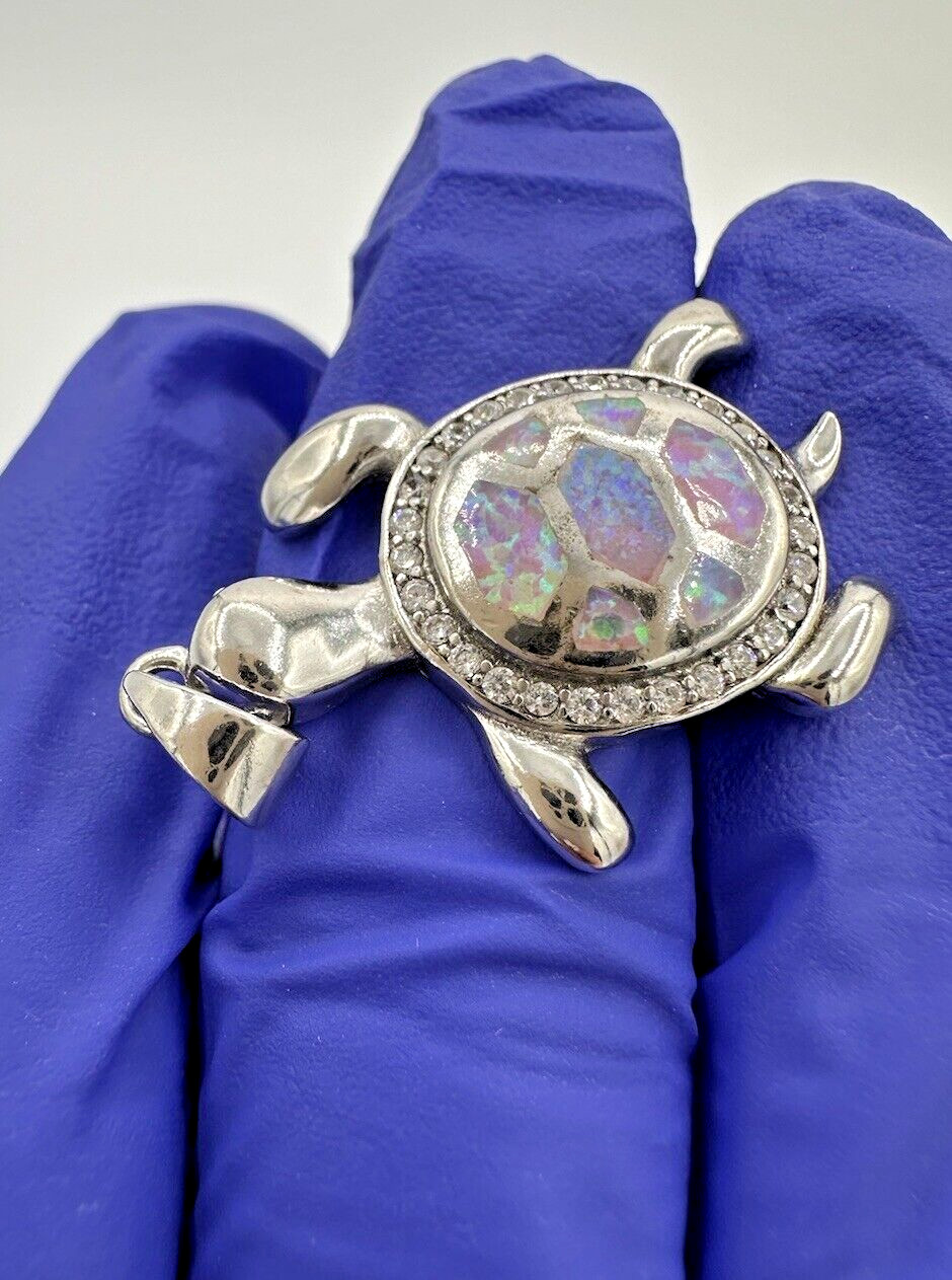 NEW Sterling Silver 925 Female Multicolor Opal Cute Sea Turtle Pendant 1.4”