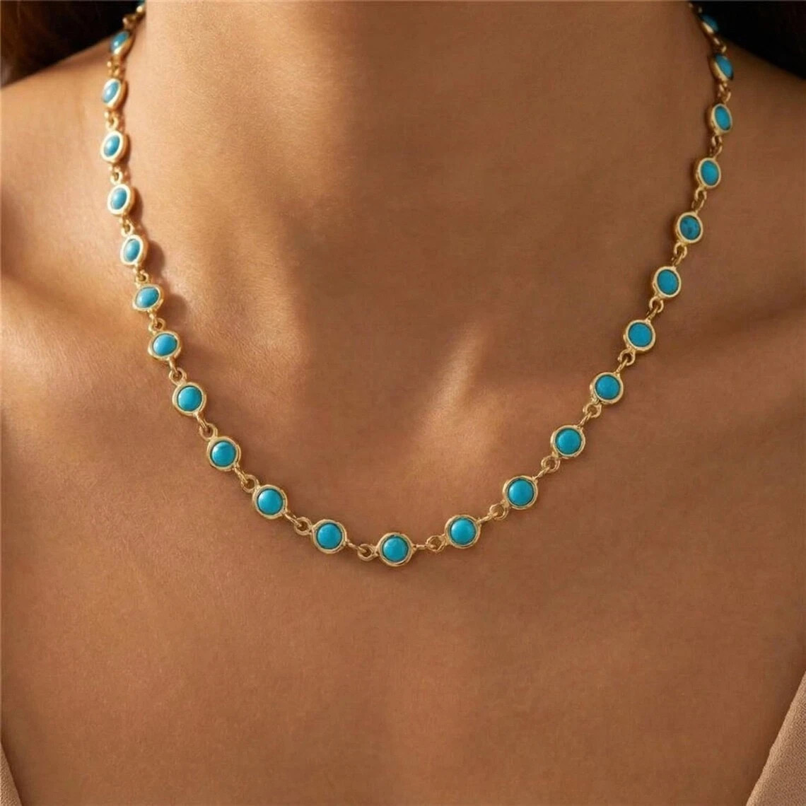 Round Cut Blue Turquoise Station Necklace Lobster 18in 14k Yellow Gold Plated