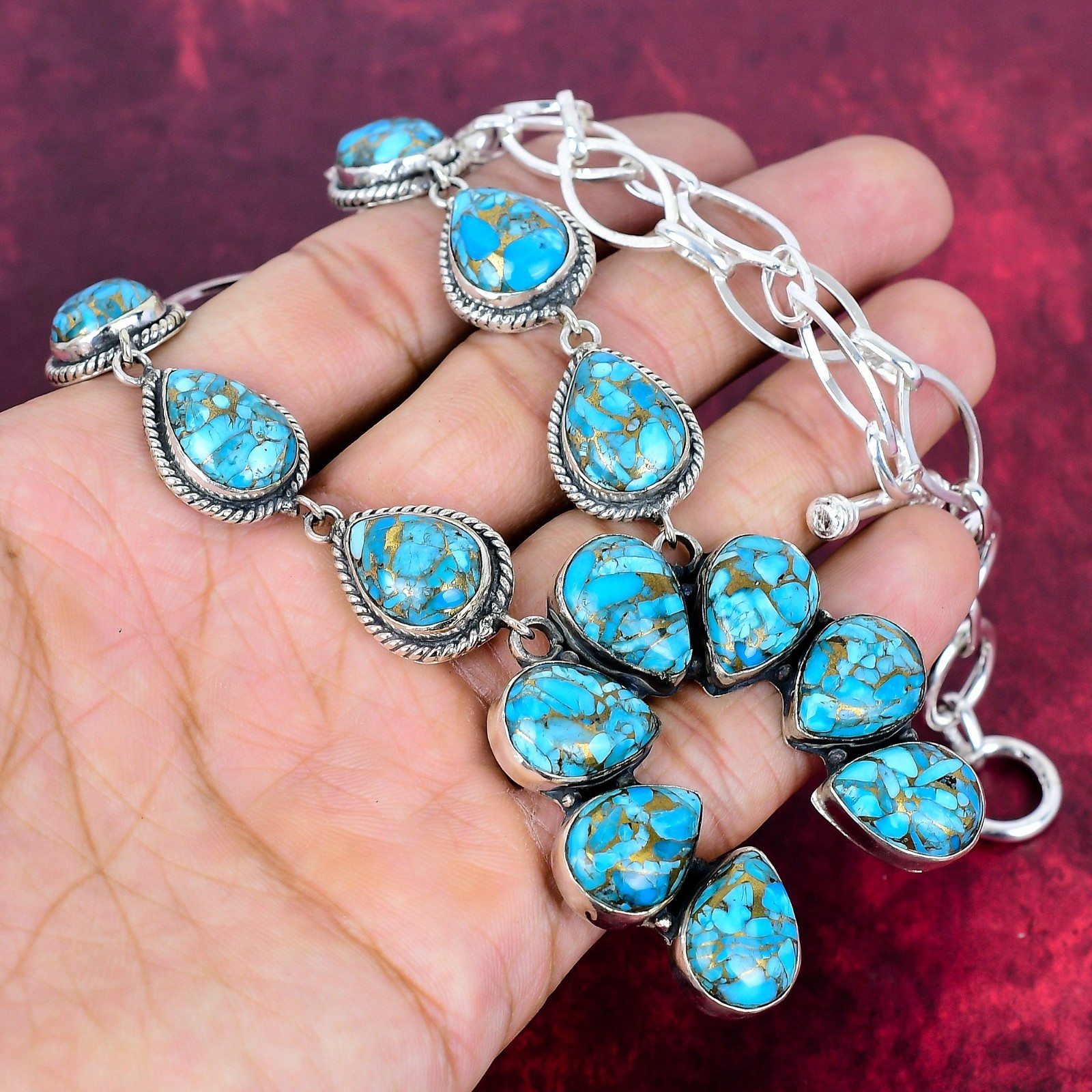 Copper Blue Turquoise Gemstone Handmade 925 Sterling Silver Jewelry Necklace