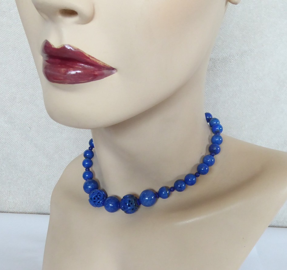 Carved Lapis Lazuli Bead Statement Necklace 15″ long 15mm & 9mm Round beads Asia
