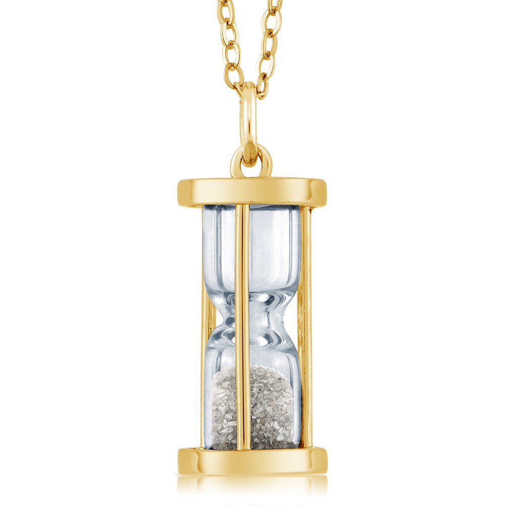 18K Yellow Gold Plated Silver Genuine Diamond Dust Hourglass Pendant Necklace
