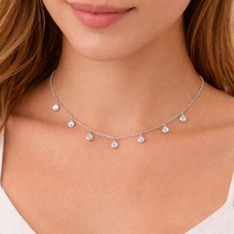 Moissanite Real 925 Silver Dangle Station Necklace Adjustable Choker for Women