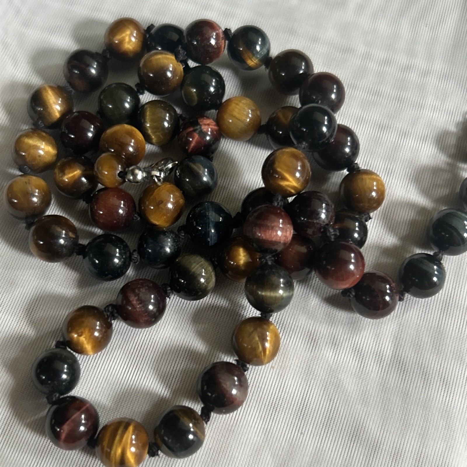 10mm Tiger’s Eye Beaded Necklace Knotted Brown, Red, Black Tones 26” Gemstone