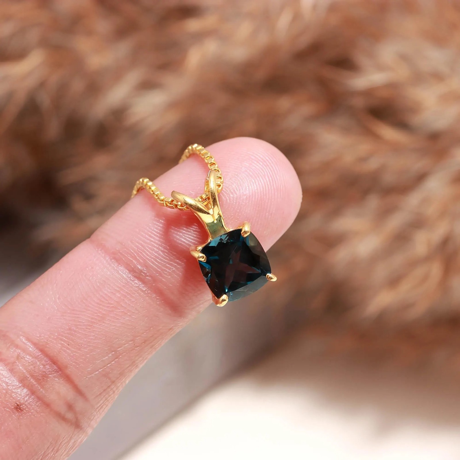 Natural London Blue Topaz Cushion Cut 925 Sterling Silver Gold Plated Pendant