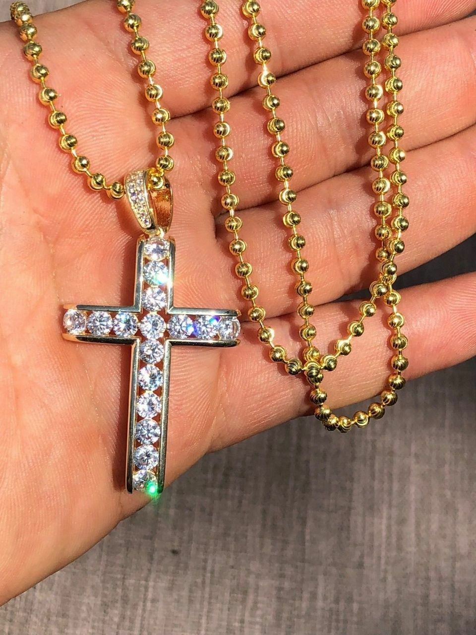14k Gold Plated Real Solid 925 Silver Channel Set Cross CZ W. Chain Men’s ICY