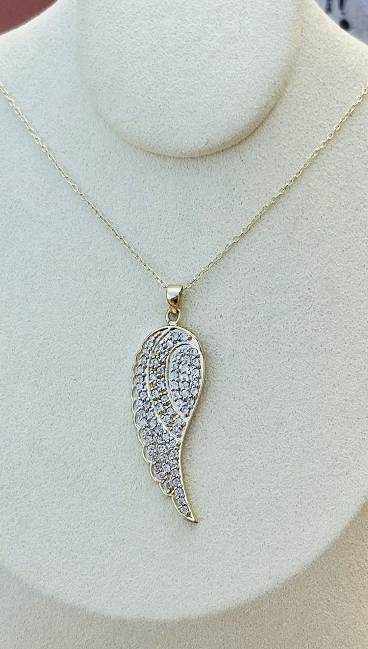 Designer FAS Gold Vermeil Over 925 Sliver White Gemstone Wing Pendant Necklace