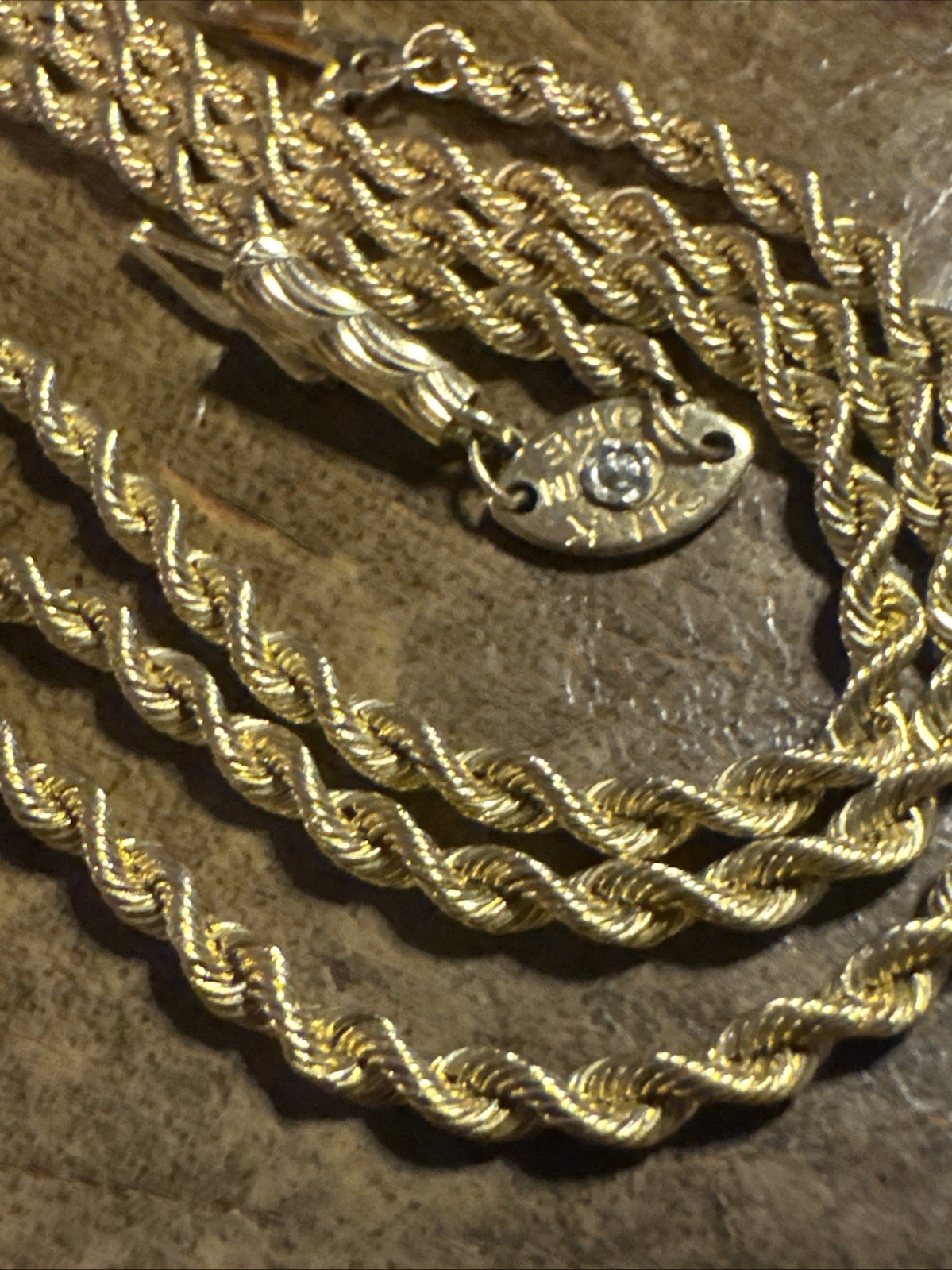 Genune Silk Rope 14K Solid 18” 7.5g Gold Chain Diamond Chip Closure Vtg RARE!