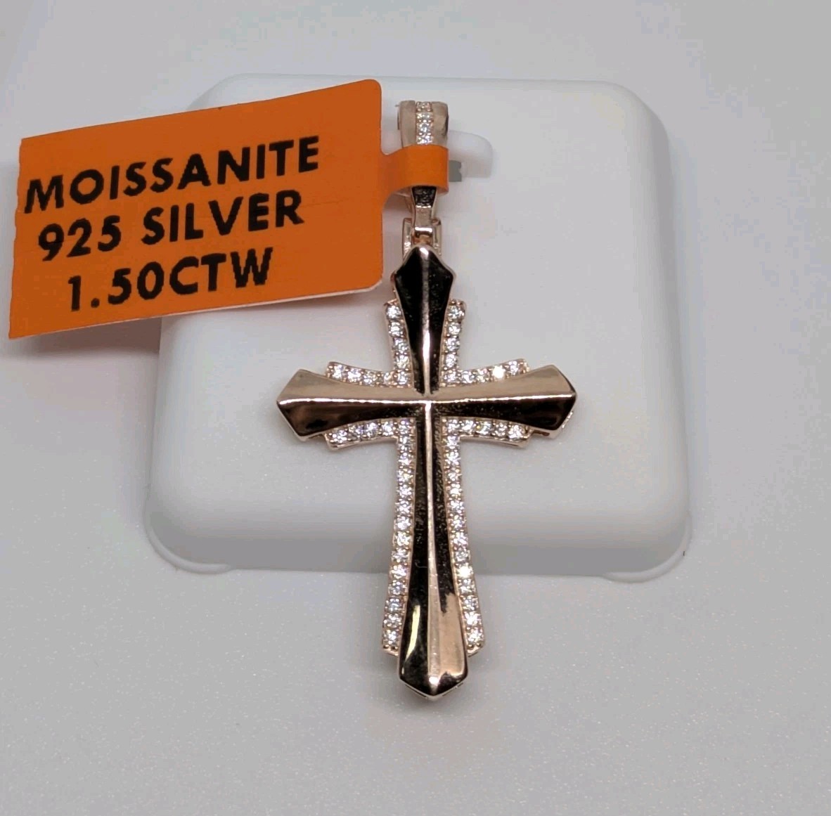 New W/Tag 1.50CTW Moissanite 18K Rose Gold Vermeil Cross+Chain 16-17in. Adjusted