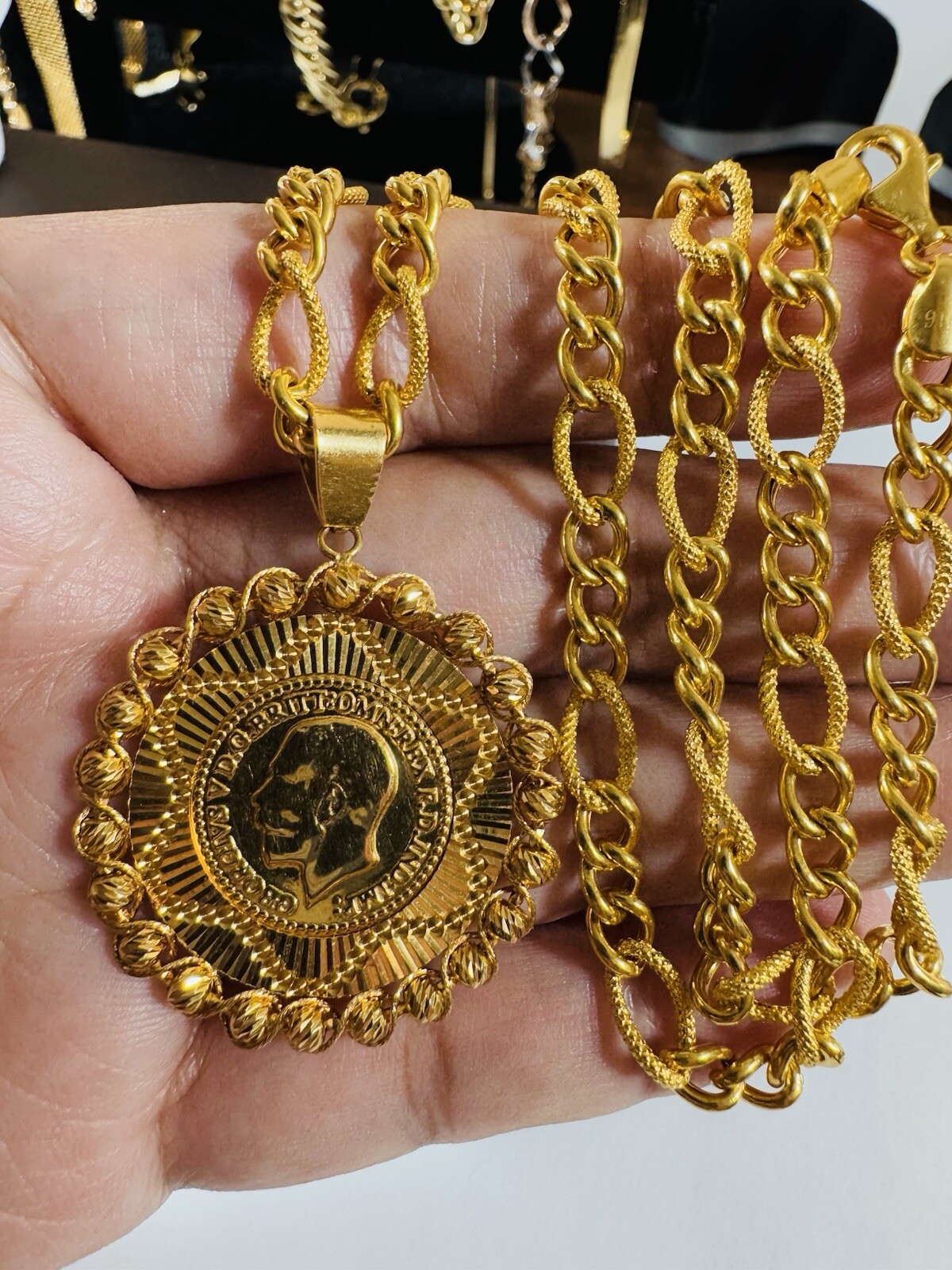 Solid 22K 916 Fine Yellow Dubai Real Gold 18” Long Coin Set Necklace 5.5mm 18.3g