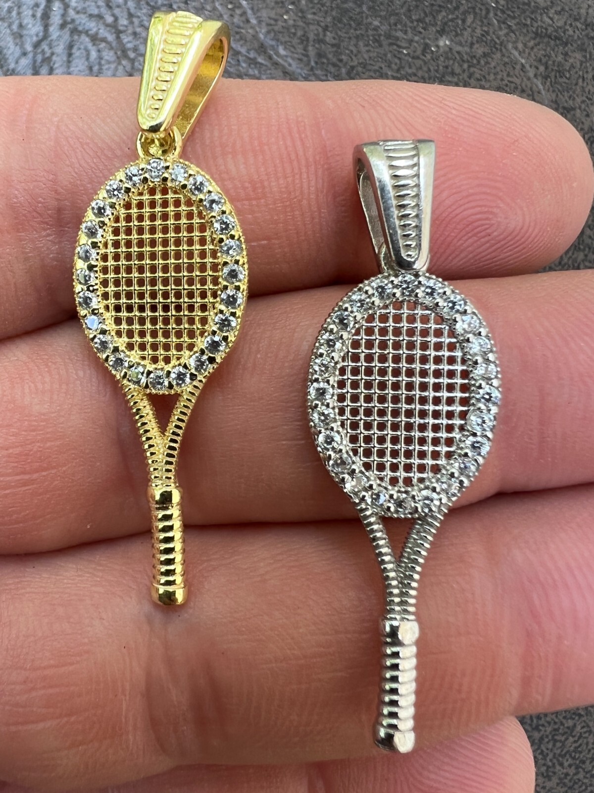 Real 925 Silver 14k Gold Plated Tennis Racket Pendant Necklace Mens Ladies CZ