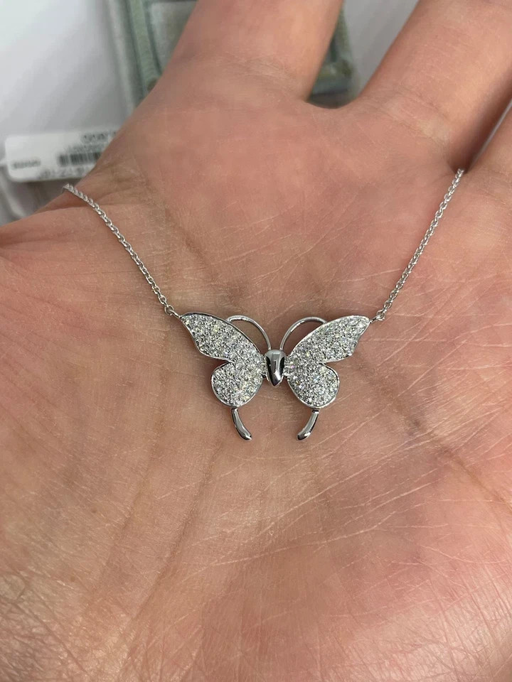 2Ct Real Moissanite Womens Butterfly Pendant 14K White Gold Plated