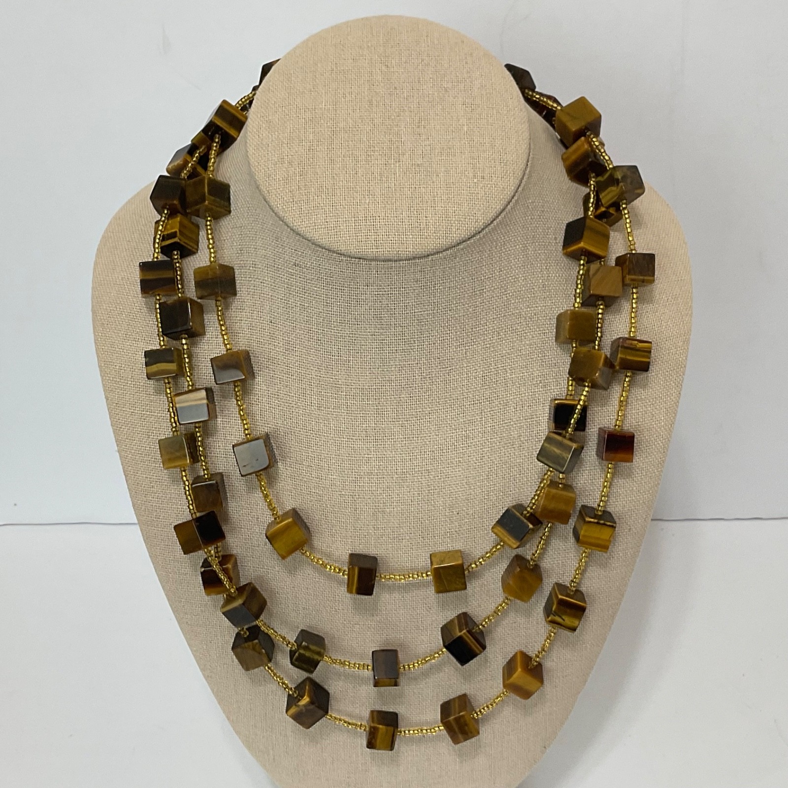 Genuine Tiger’s Eye Cube & Golden Bead Necklace Sterling Silver Toggle 64″ Long