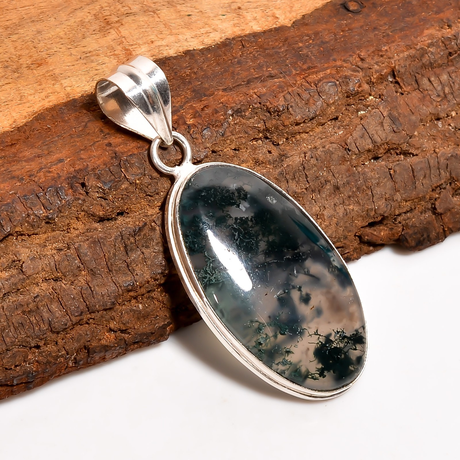 Natural Moss Agate Gemstone 925 Sterling Silver Jewelry Handmade Pendant 2.2″