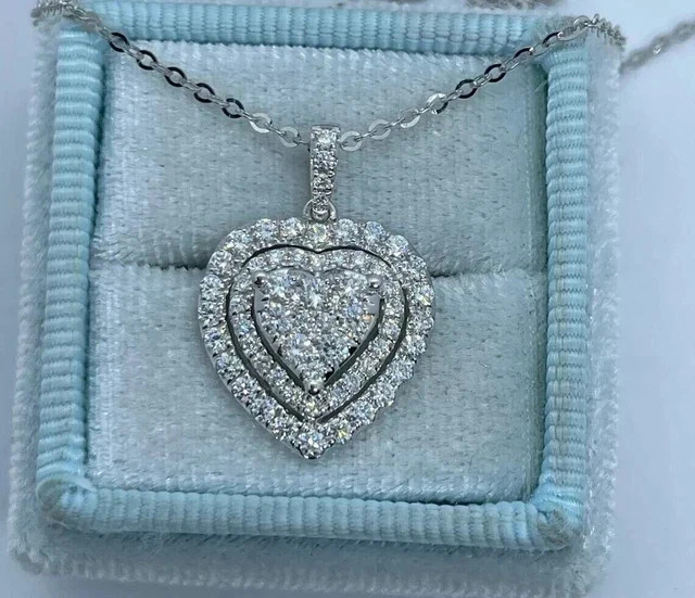 2Ct Round Cut Real Moissanite Women’s Halo Heart Pendant 14K White Gold Plated