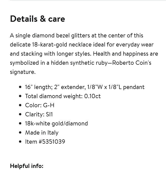 ROBERTO COIN TINY TREASURES DIAMOND BEZEL NECKLACE – READ DESC.