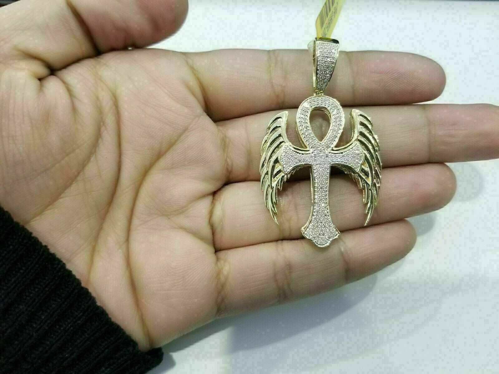 14K Yellow Gold Over 1.00CT Diamond Ankh Cross Angel Wings Men’s Charm Pendant