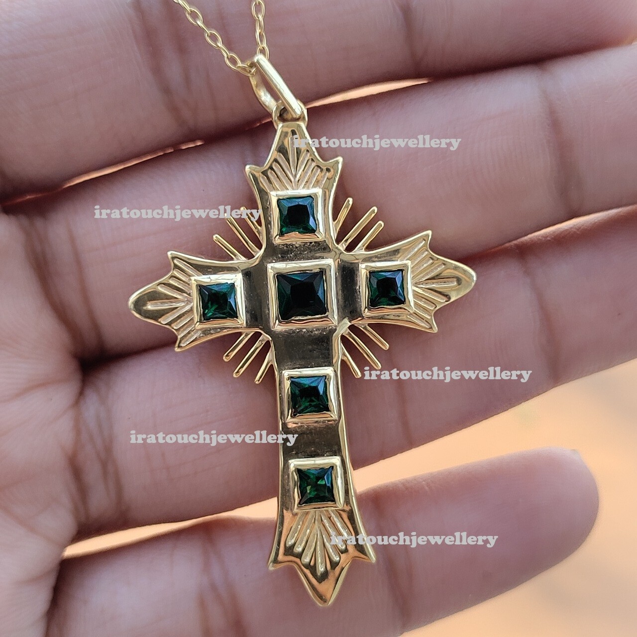 3Ct Princess Cut Lab Created Emerald Cross Pendant For Women 14k Gold Finish