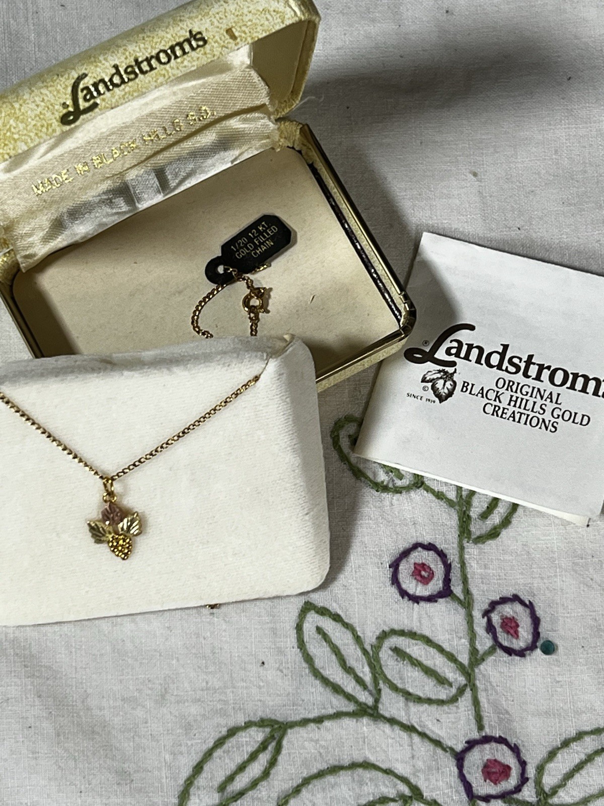 Landstrom’s Black Hills Gold Grape Leaf Charm Pendant 12k Gold Filled Chain