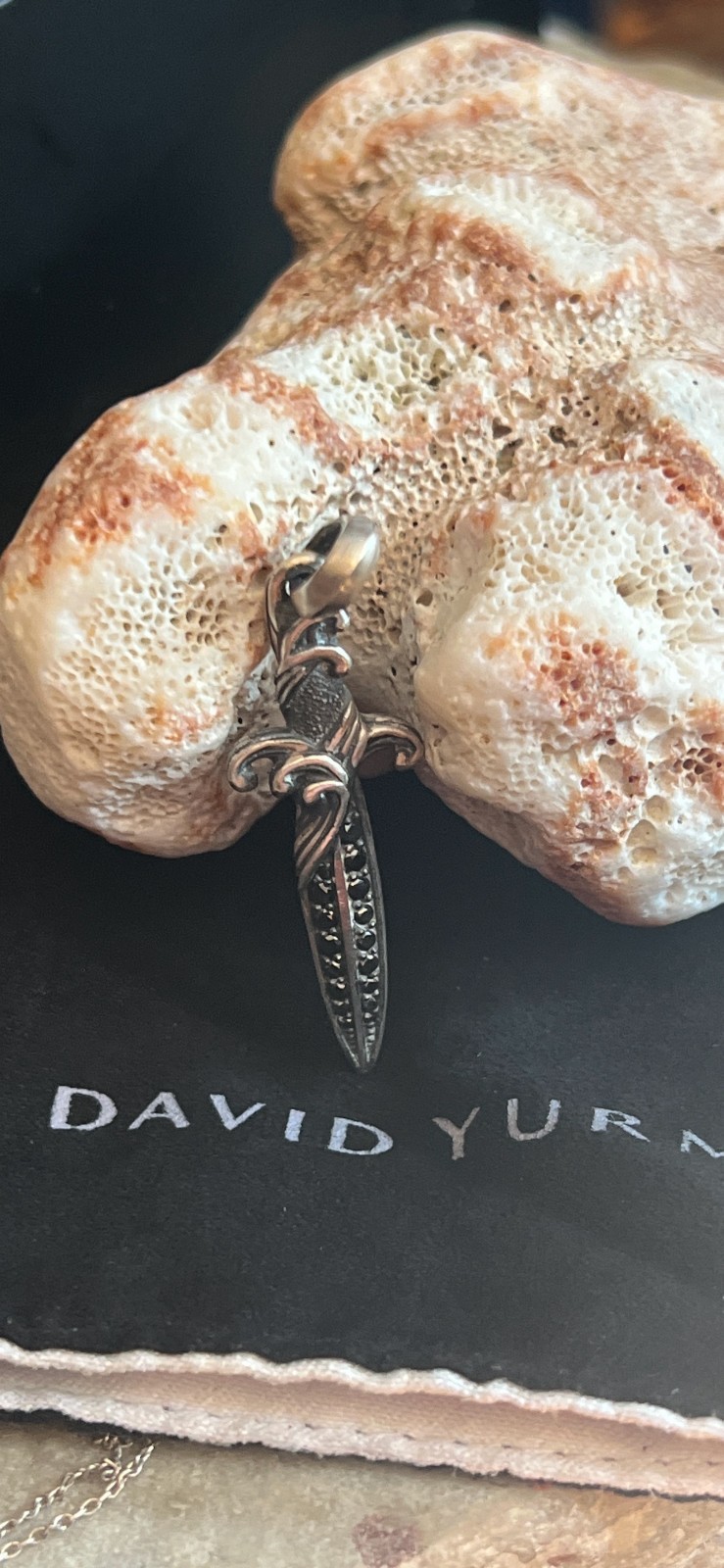 David Yurman Sterling Silver 925 Waves Dagger Amulet Pendant 2ct Black Diamonds
