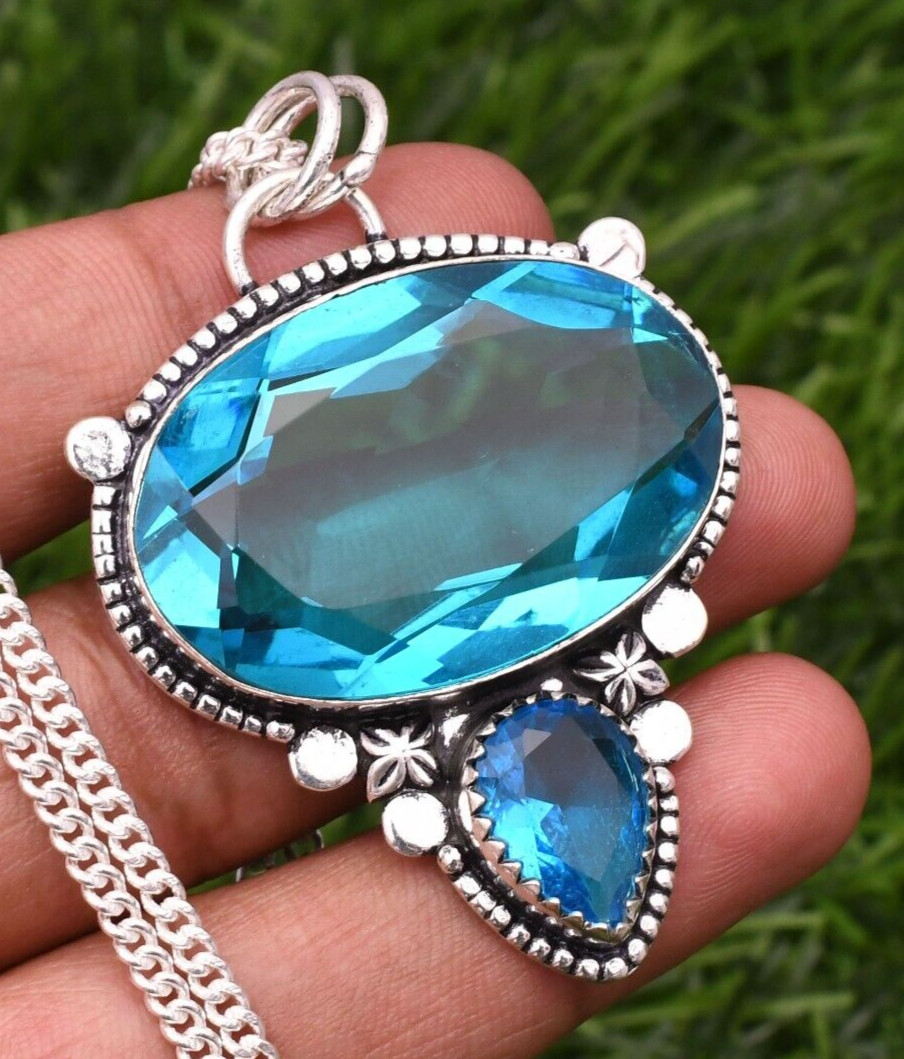 Blue Topaz 925 Sterling Silver Gemstone Handmade Jewelry Pendant 2.15″