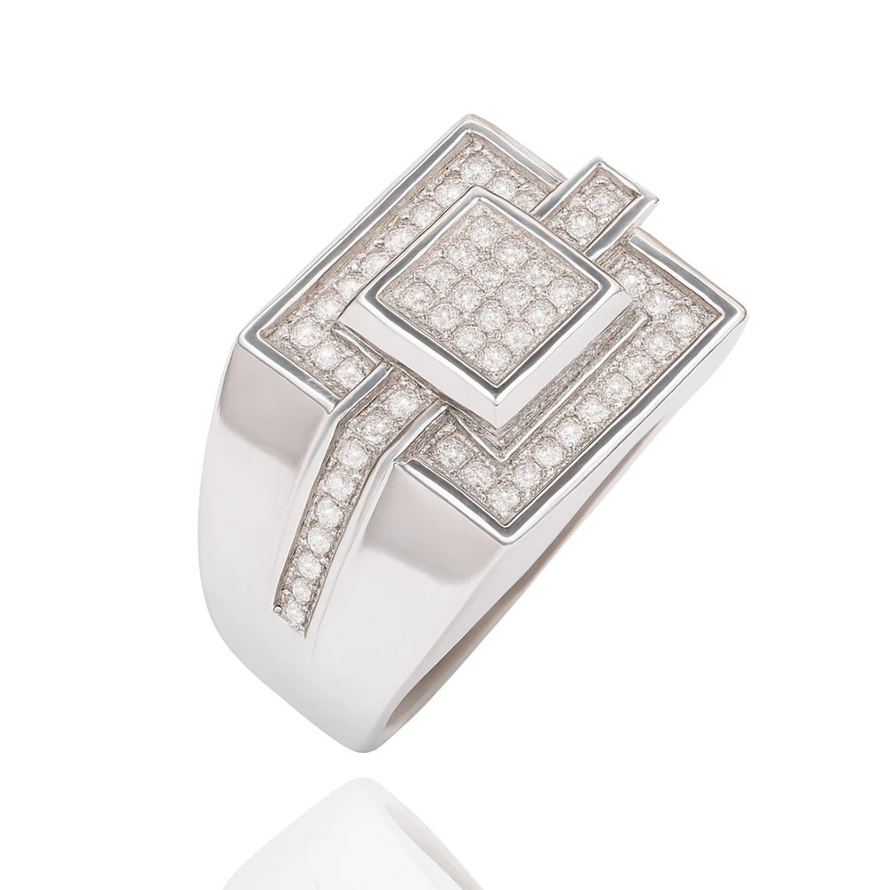 Rhodium Plated Sterling Silver Square Top Moissanite Pave Men’s Statement Ring