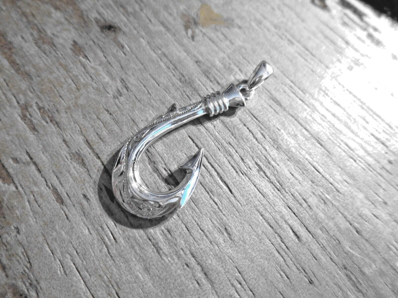 19MM SOLID 925 SILVER 2SIDED ENGRAVED HAWAIIAN SCROLL MAILE FISH HOOK PENDANT #2