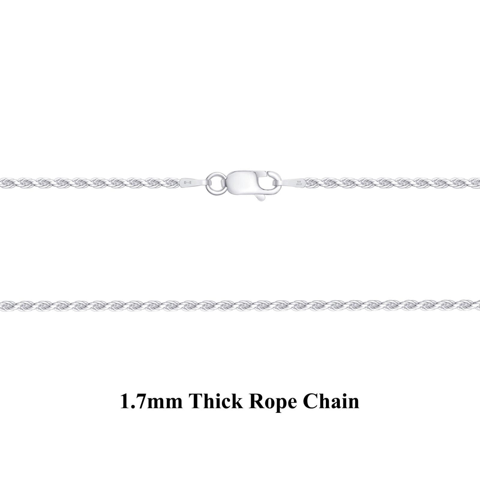Solid 925 Sterling Silver 1.7mm Rope Chain Necklace Nickel Free Made in Italy