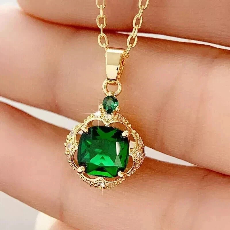 2CT Cushion Cut Lab-Created Green Emerald Diamond Pendant 14K Yellow Gold Plated