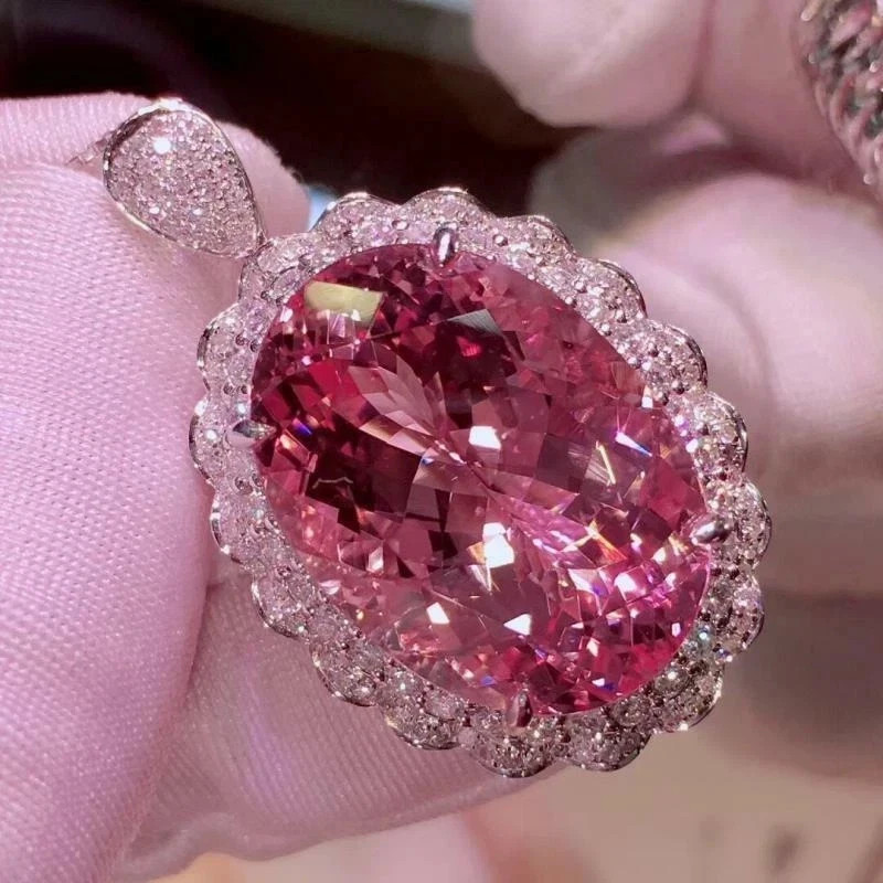 9.30Ct Oval Cut Natural Pink Sapphire & Diamond 14K White Gold Luxurious Pendant