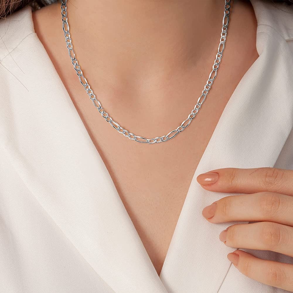 Women’s & Men’s Solid Sterling Silver 925 Italian 5MM Figaro Link Chain Necklace