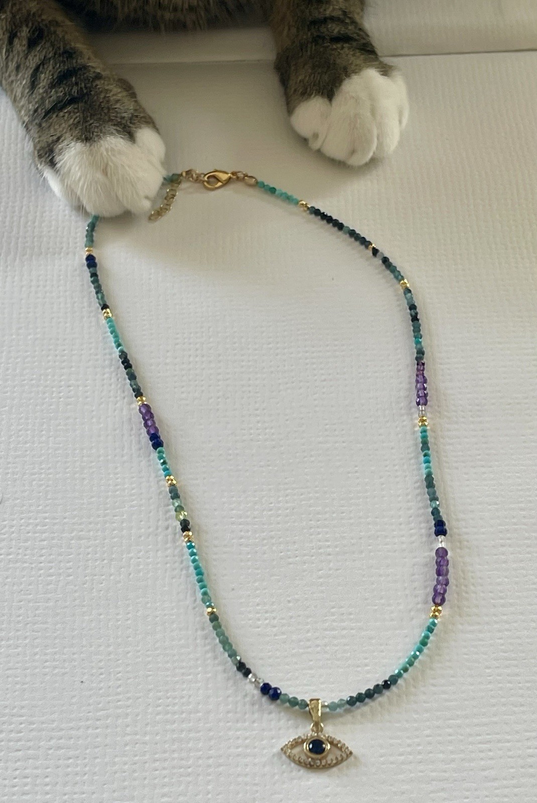 Gold 10k multi color gemstone necklace Evil Eye Pedant