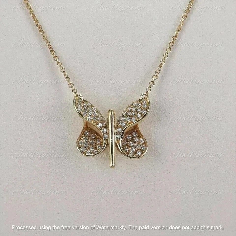 1.1Ct Round Cut lab created Diamond Butterfly Pendant Chain Yellow Gold Plated