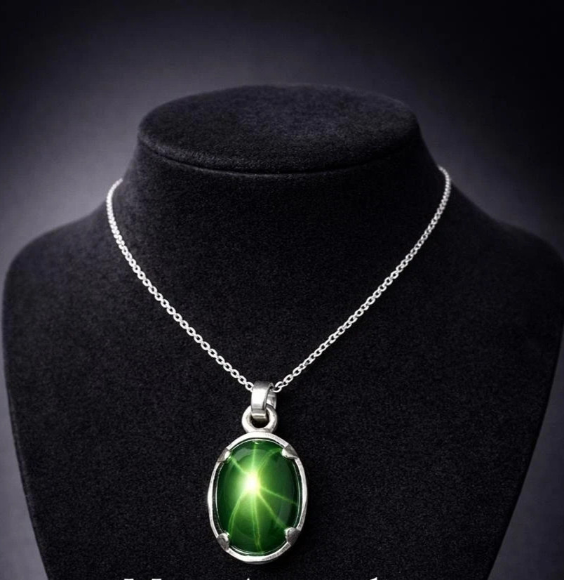30Cts Natural Star Green Sapphire Gemstone Oval cut 925 silver Pendant Gems