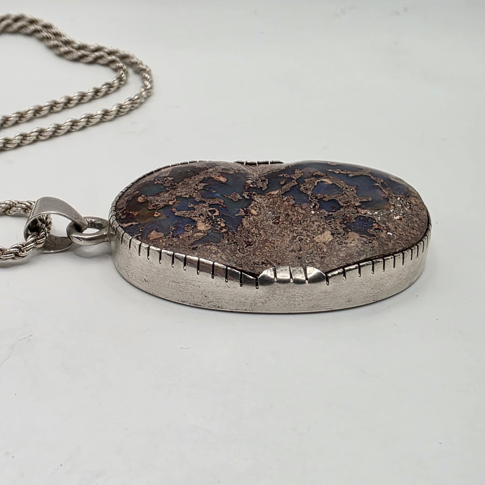 Vtg Natural Australian Boulder Opal Sterling Silver Pendant Necklace 30″ 42.5g