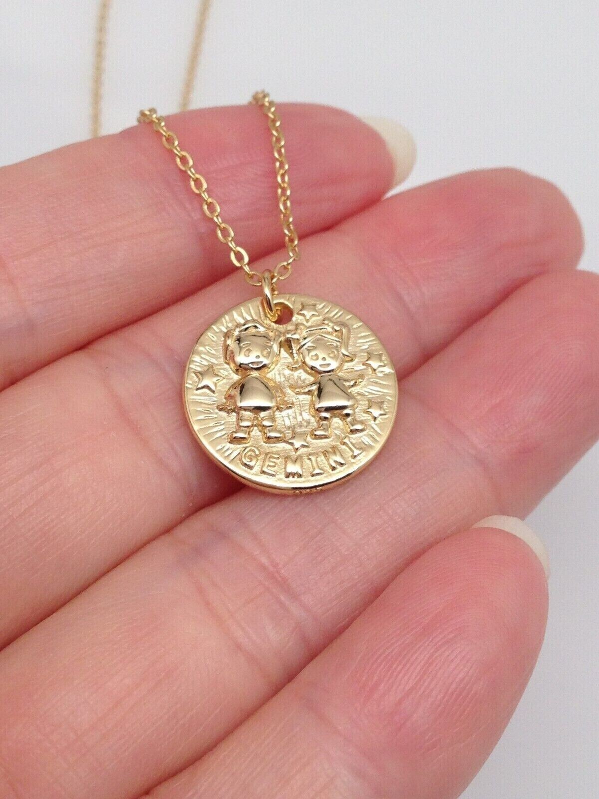 925 Sterling Silver Round Gold Zodiac Gemini Pendant Necklace Women 15mm 18″