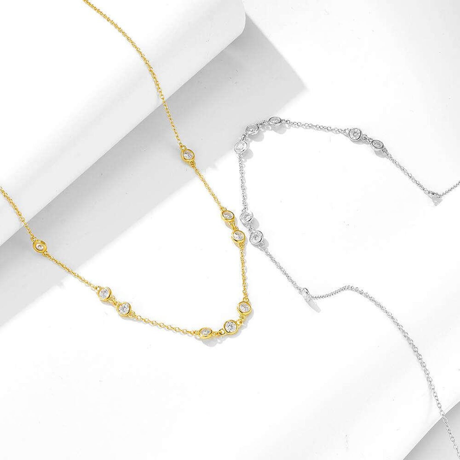 18 INCH By the Yard Station Necklace Round Natural Diamond 14k Solid White Gold