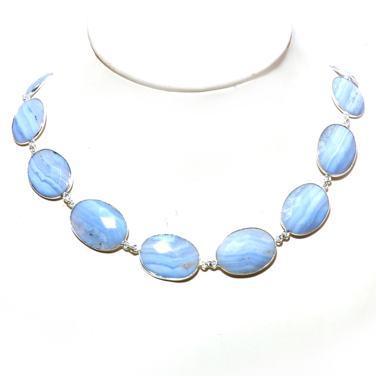 Natural Blue Lace Agate Necklace 925 Sterling Silver Oval Beads Adjustable Chain