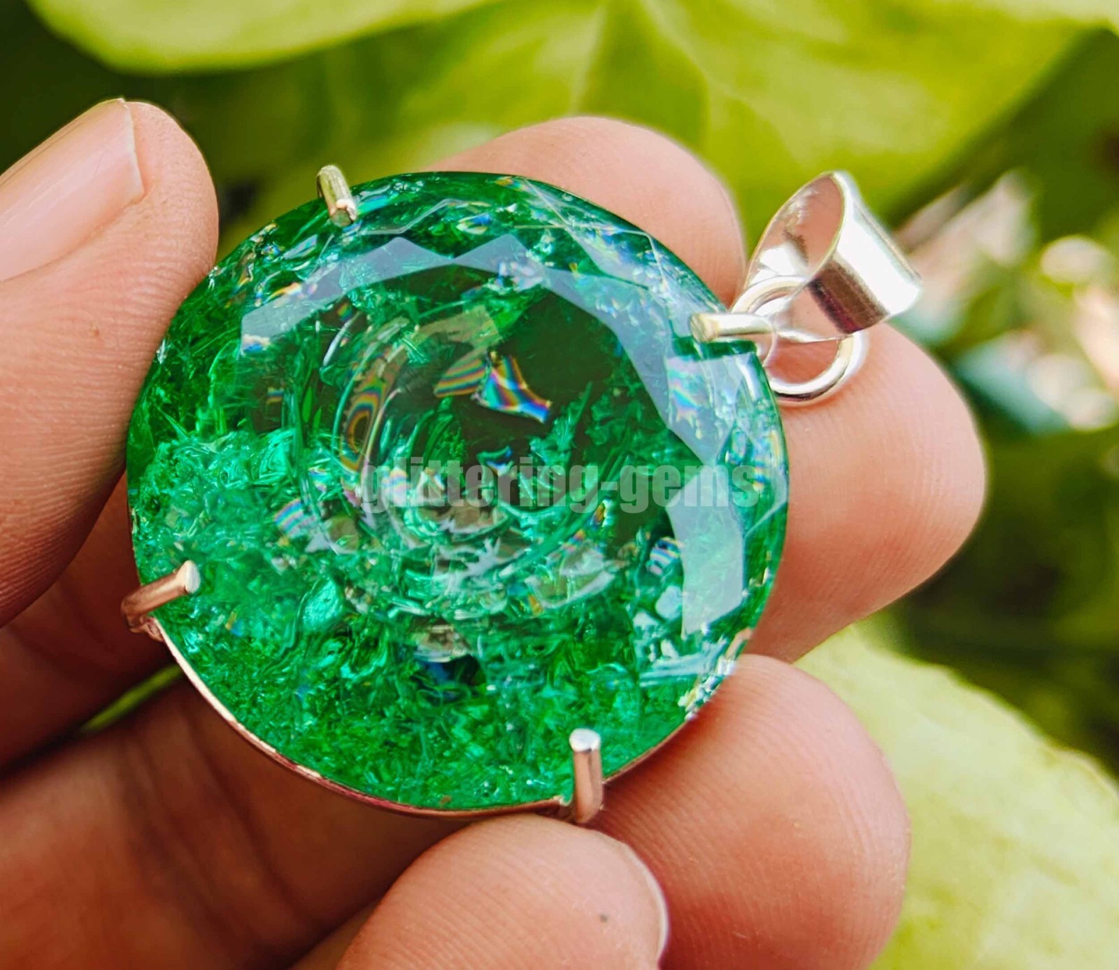 115.25 Ct Natural Green Emerald Pendant Round Cut IGL Gems 925 Silver Chain 6LHO
