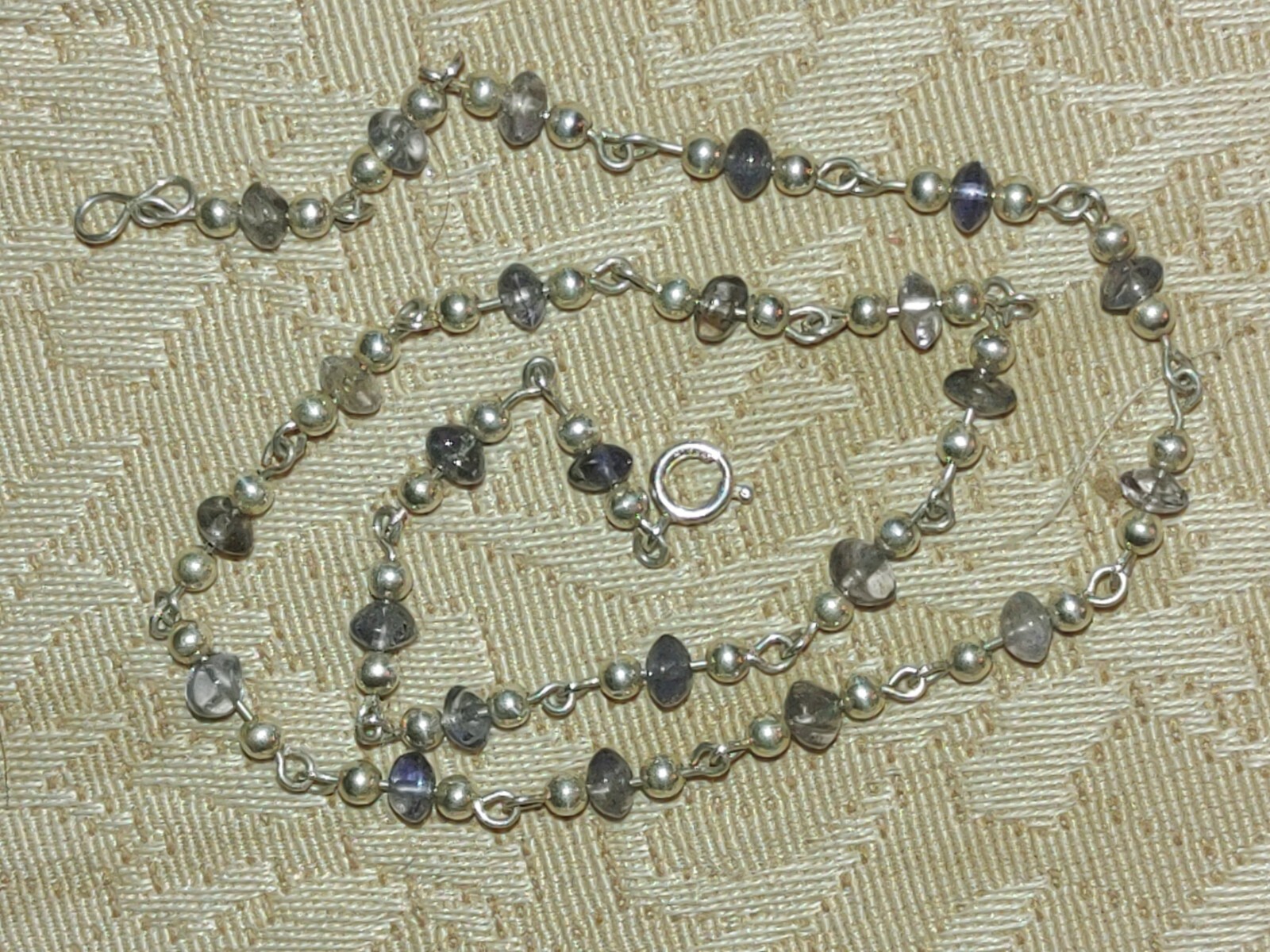 Sterling Silver and Iolite Beaded Choker Necklace About 14.5 Inches
