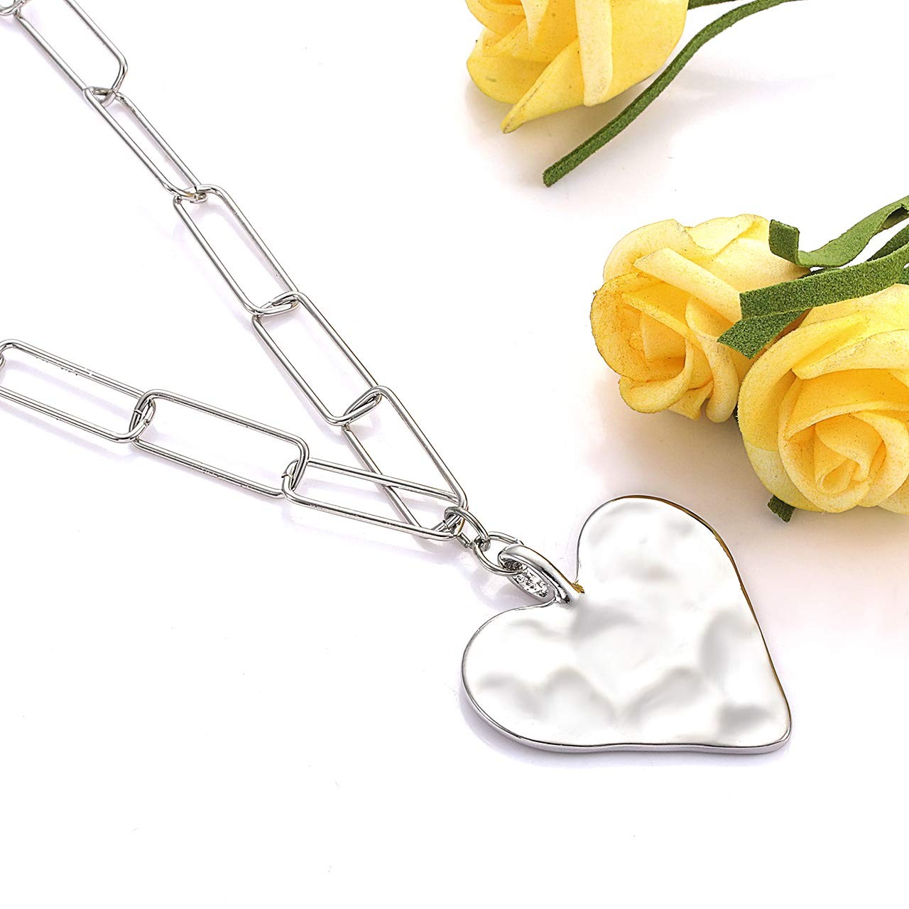 Layered Rectangle Paper Clip Chain Link Choker Statement Hammered Heart Pendant
