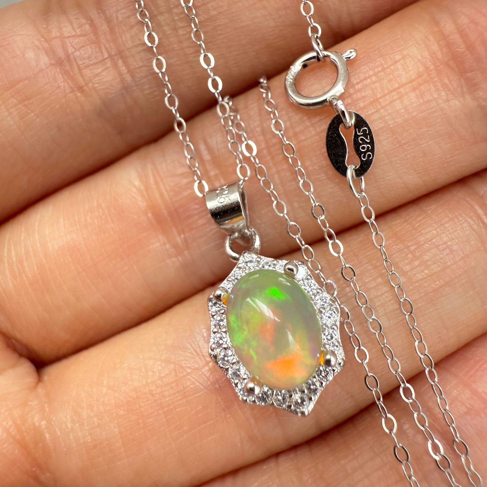 925 Sterling Silver Necklace 8x6mm Natural Opal Gemstone Zircon Flower Chain NEW